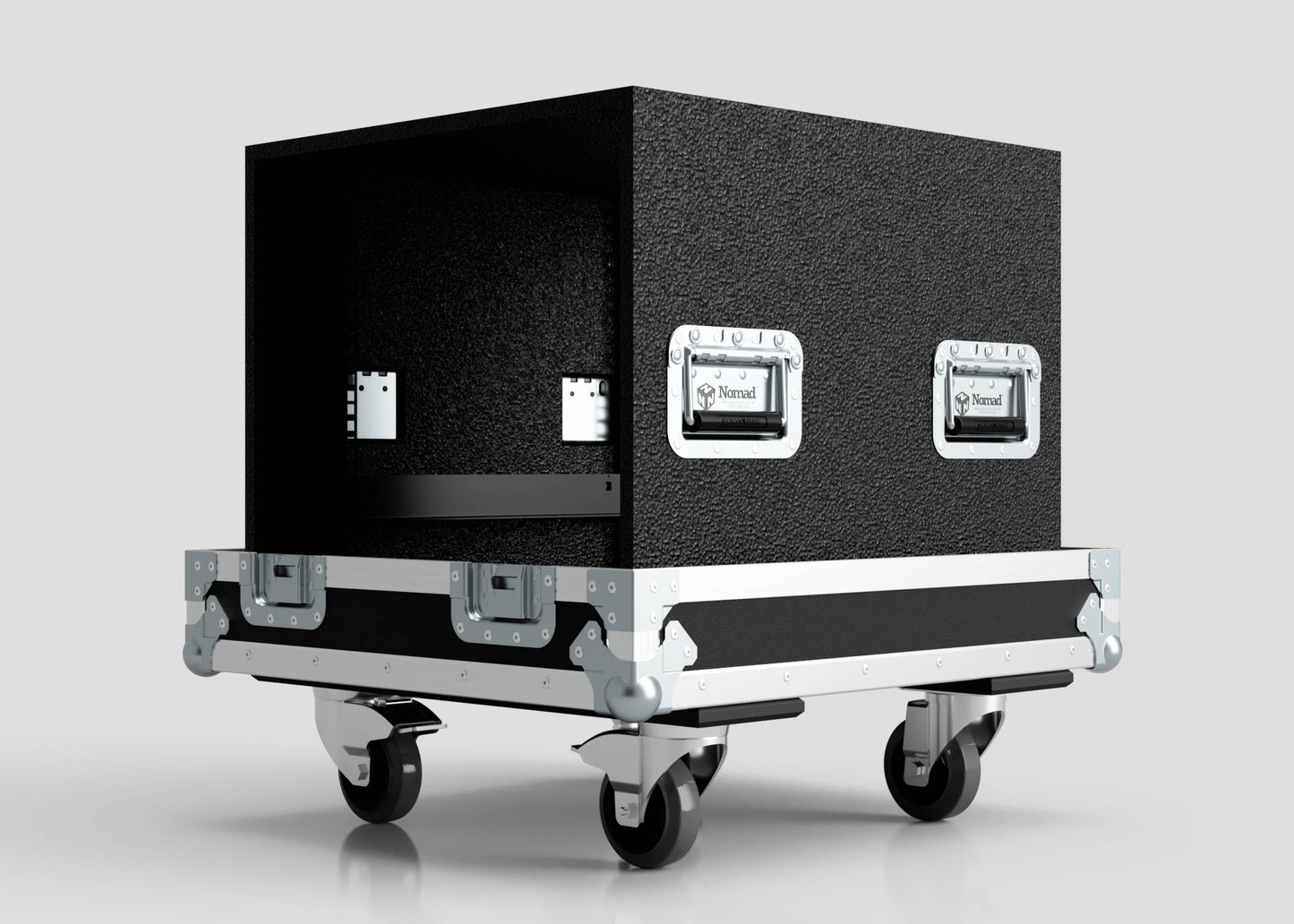 A 10U Standard Rack Sleeve With Case With Lift Off Lid, black and textured with metal edges, handles, and four caster wheels, sits against a plain background. External dimensions: 622 x 678 x 734 mm.