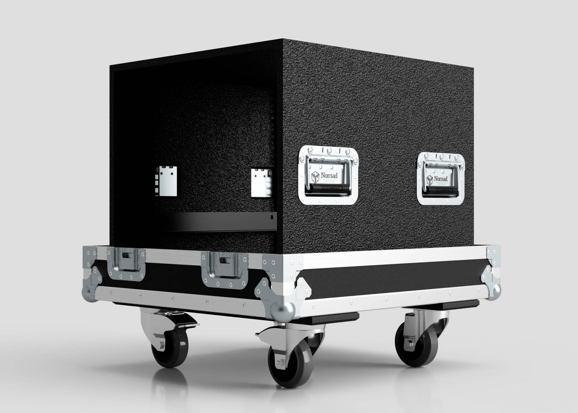 A 10U Standard Rack Sleeve With Case With Lift Off Lid, black and textured with metal edges, handles, and four caster wheels, sits against a plain background. External dimensions: 622 x 678 x 734 mm.