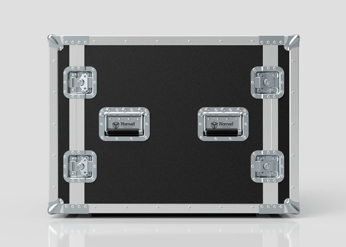 A black and silver 10U Suspended Shock Mounted Rack Case with metal reinforcements, latches, and anti-vibration mounts sits closed against a plain white background. The handles are labeled "Nomad.