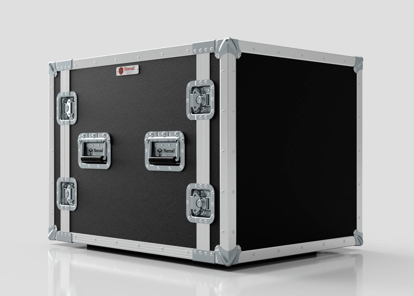 The 10U Suspended Shock Mounted Rack Case is a large black birch plywood flight case with metal reinforcements and two front handles, displayed against a plain light background.
