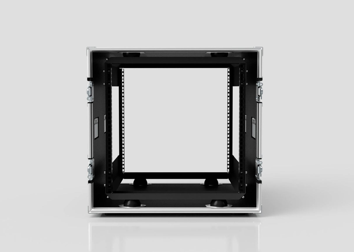 Front view of a 10U Suspended Shock Mounted Rack Case, empty with black metal build, silver edges, and anti-vibration mounts; open on both sides against a plain light gray background.