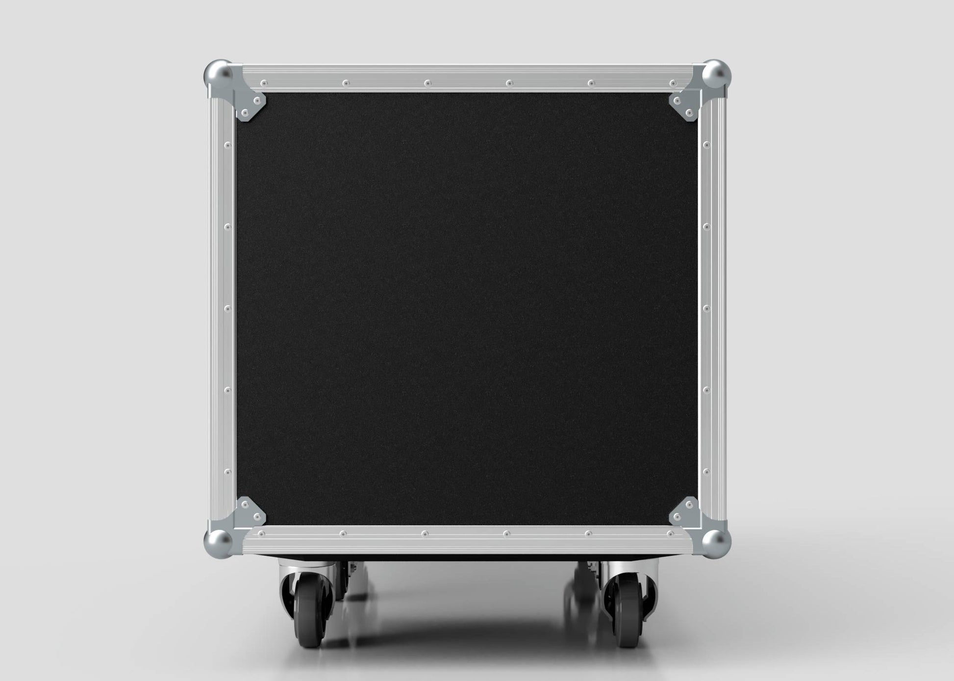 A 10U x 1032mm Suspended Shock Mounted Data Server Rack in black, with metal edges and reinforced corners, is shown from the front against a plain light background. Its exterior is engineered for protection and a sleek profile.