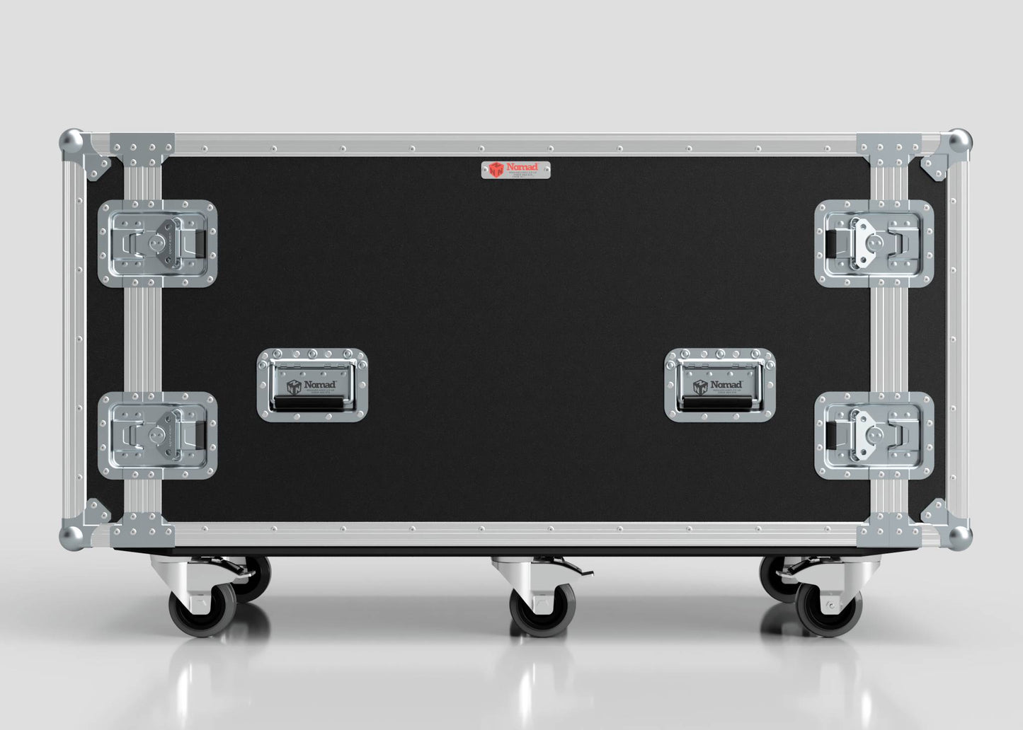A large, black, rectangular 10U x 1032mm suspended shock mounted data server rack with metal edges, four locking latches, and four caster wheels, shown against a plain background.