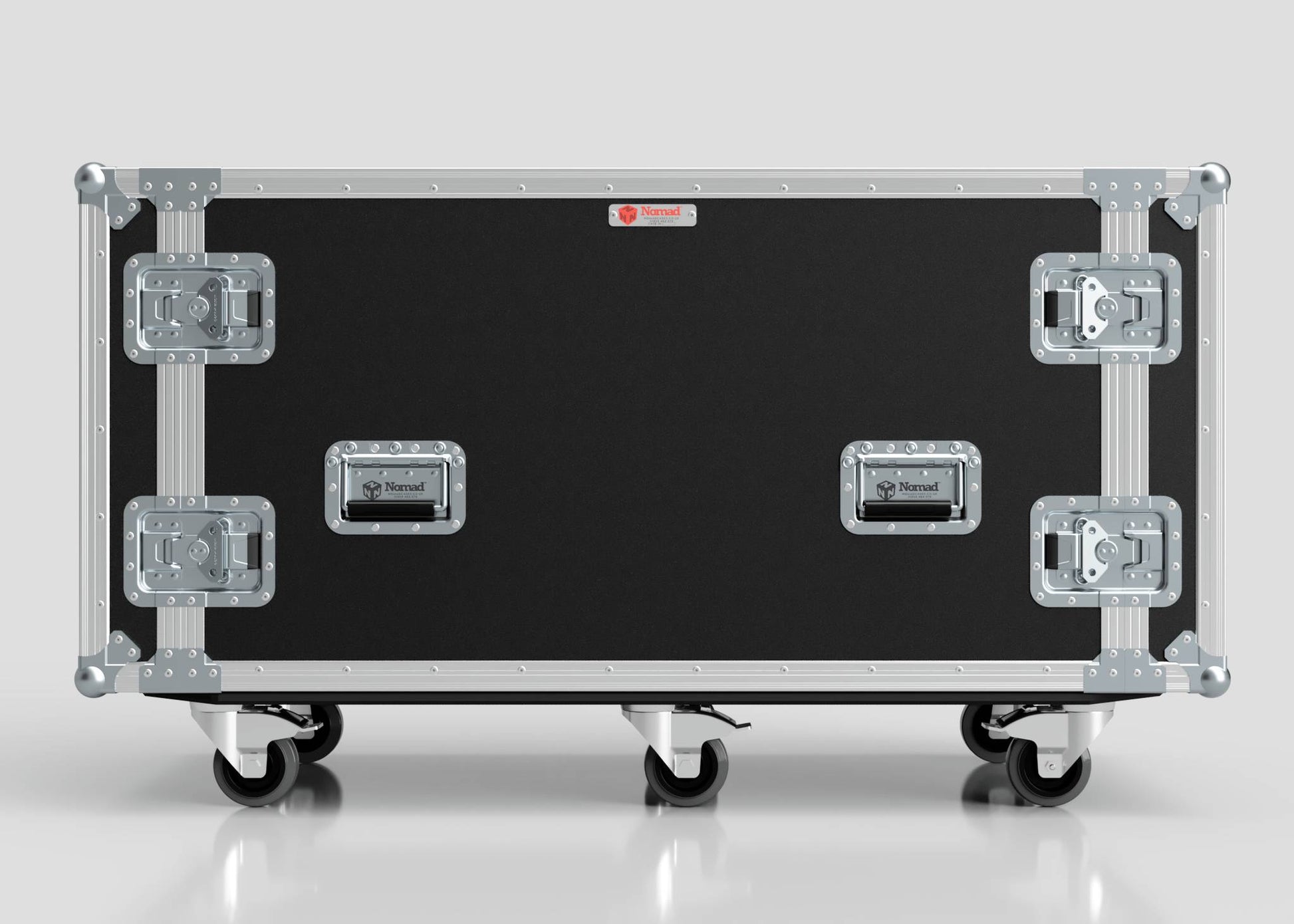A large, black, rectangular 10U x 1032mm suspended shock mounted data server rack with metal edges, four locking latches, and four caster wheels, shown against a plain background.