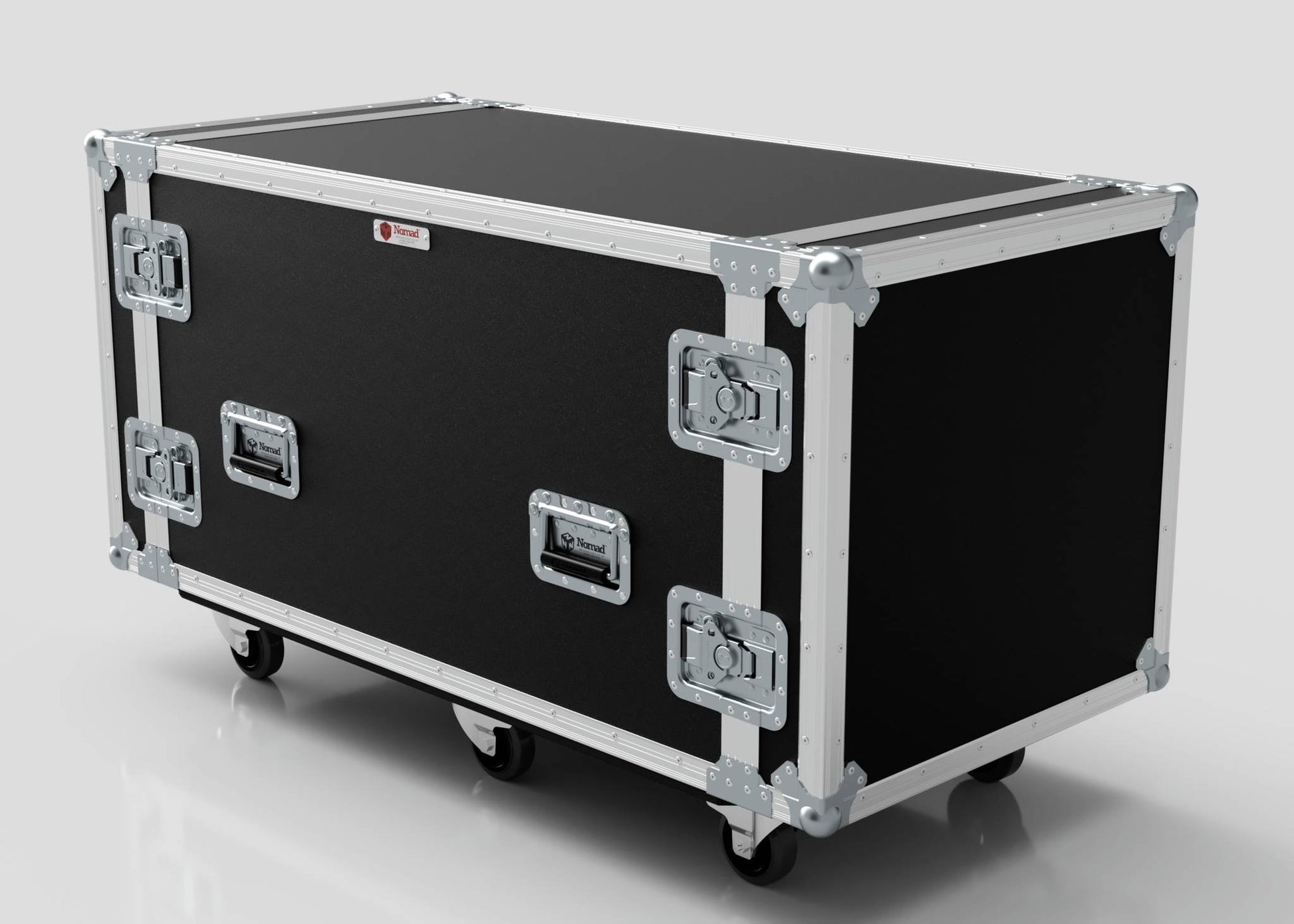 The 10U x 1032mm Suspended Shock Mounted Data Server Rack is a large black and silver flight case with metal edges, handles, locking clasps, and four wheels. Designed for easy transport with ample internal storage space. Shown on a white surface.