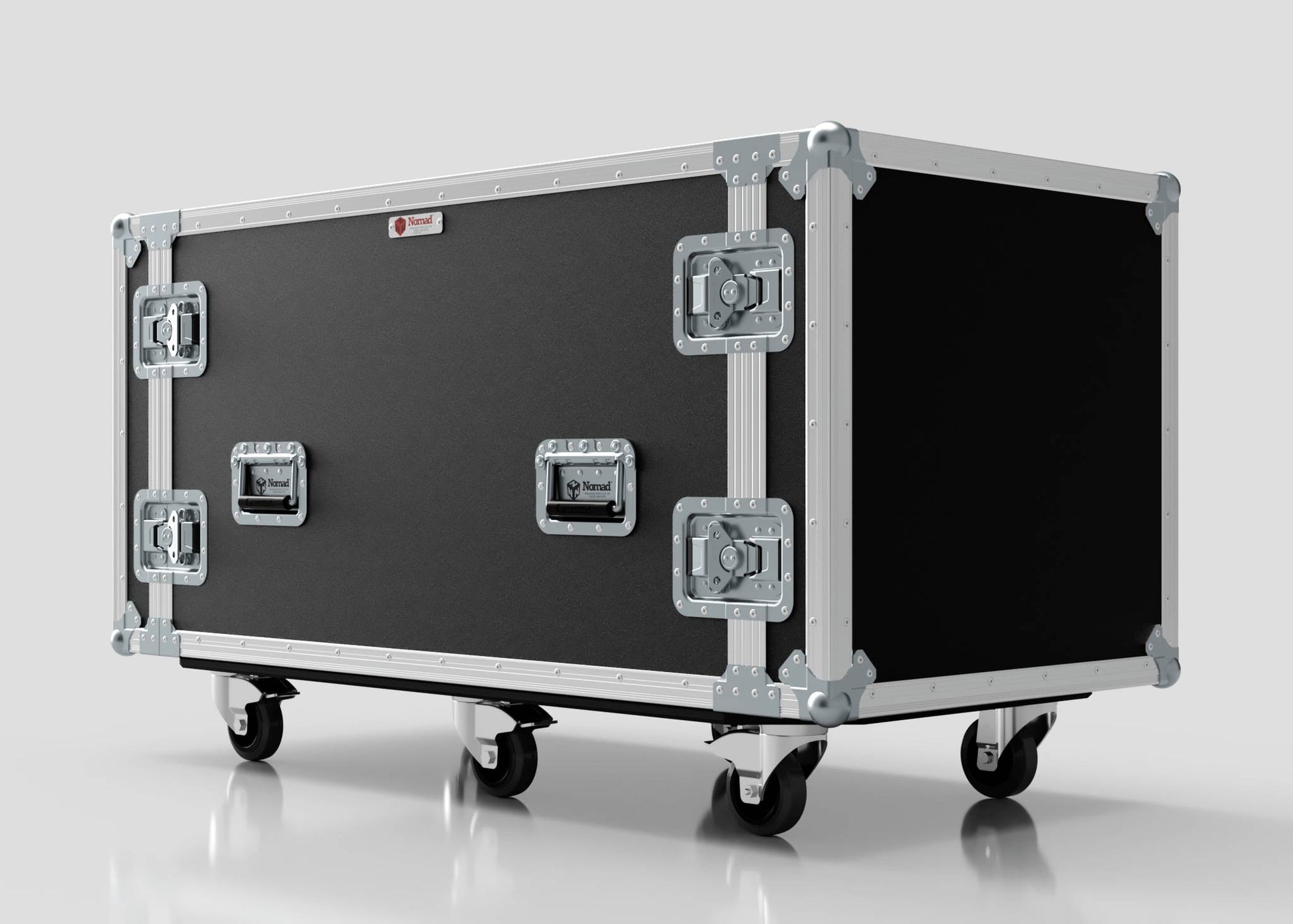 The 10U x 1032mm Suspended Shock Mounted Data Server Rack is a large black flight case with metal edges, corners, four handles, and caster wheels. Its robust construction ensures secure equipment transport with precise external mm dimensions.