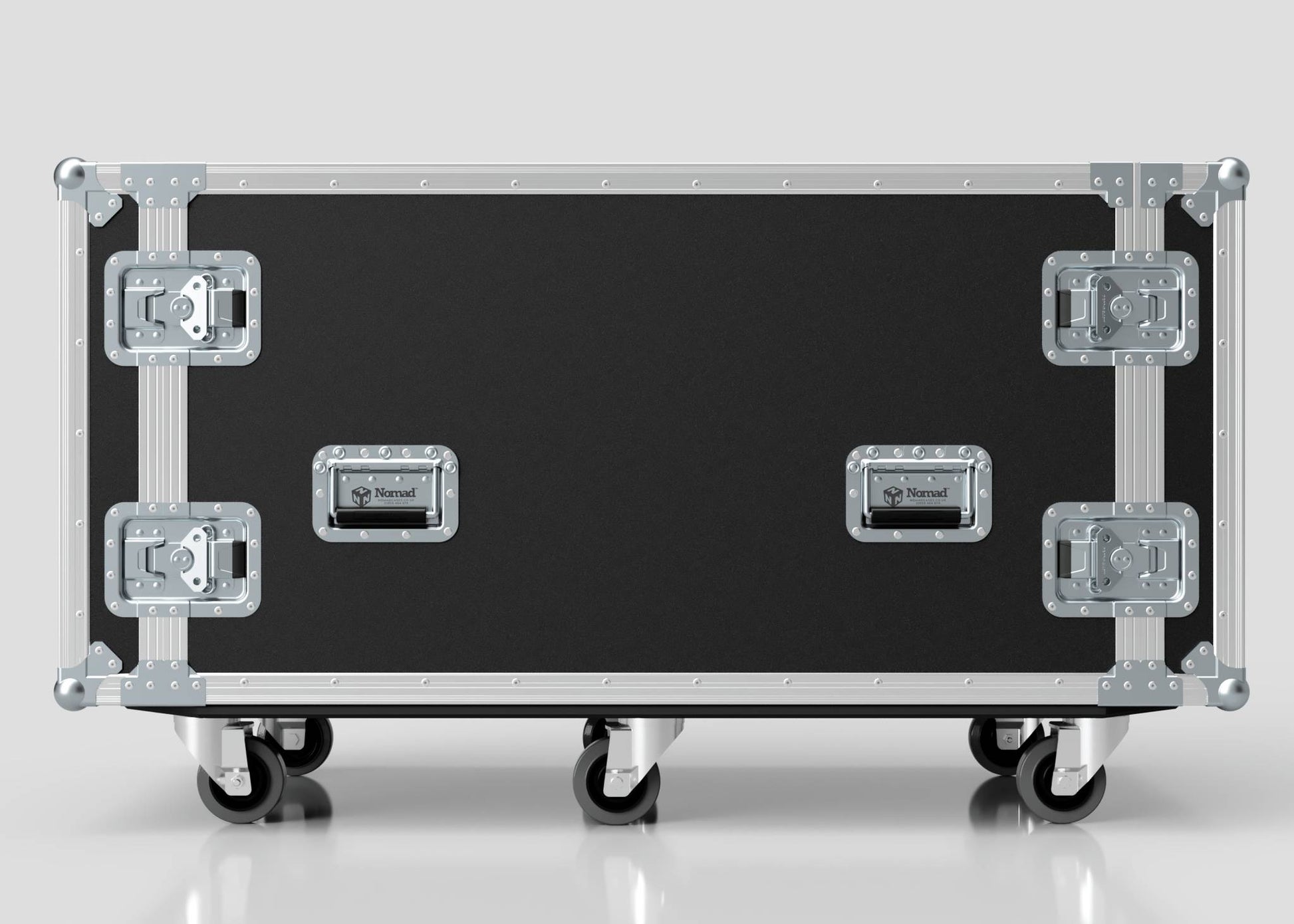 The 10U x 1032mm Suspended Shock Mounted Data Server Rack is a large black hard case with metal edges, latches, and handles, mounted on four caster wheels, ensuring robust exterior dimensions and secure, shock-resistant construction.