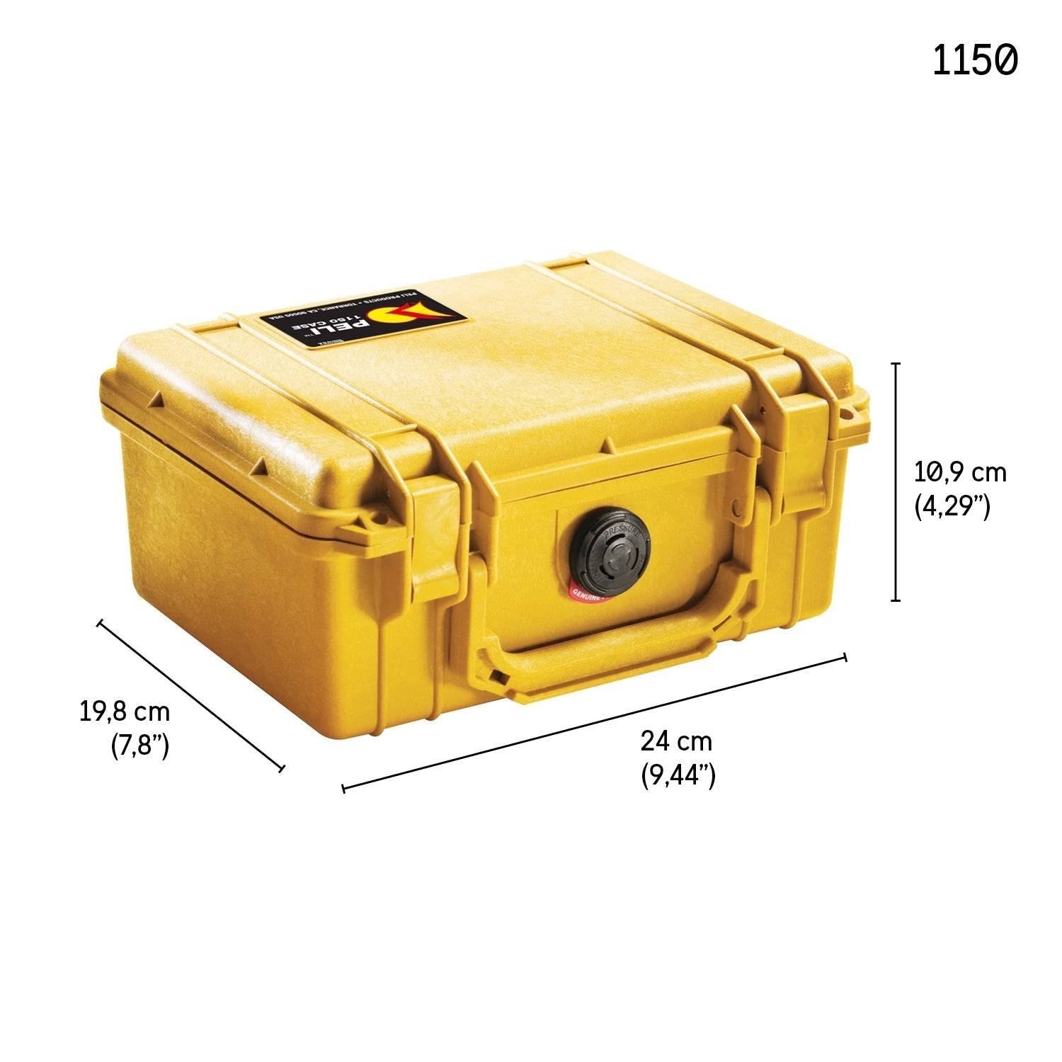 The yellow 1150 Protector Case is made of hard plastic, features a handle, double latch closure, and measures 24 x 19.8 x 10.9 cm (9.44 x 7.8 x 4.29). It's a watertight case ideal for protecting equipment.