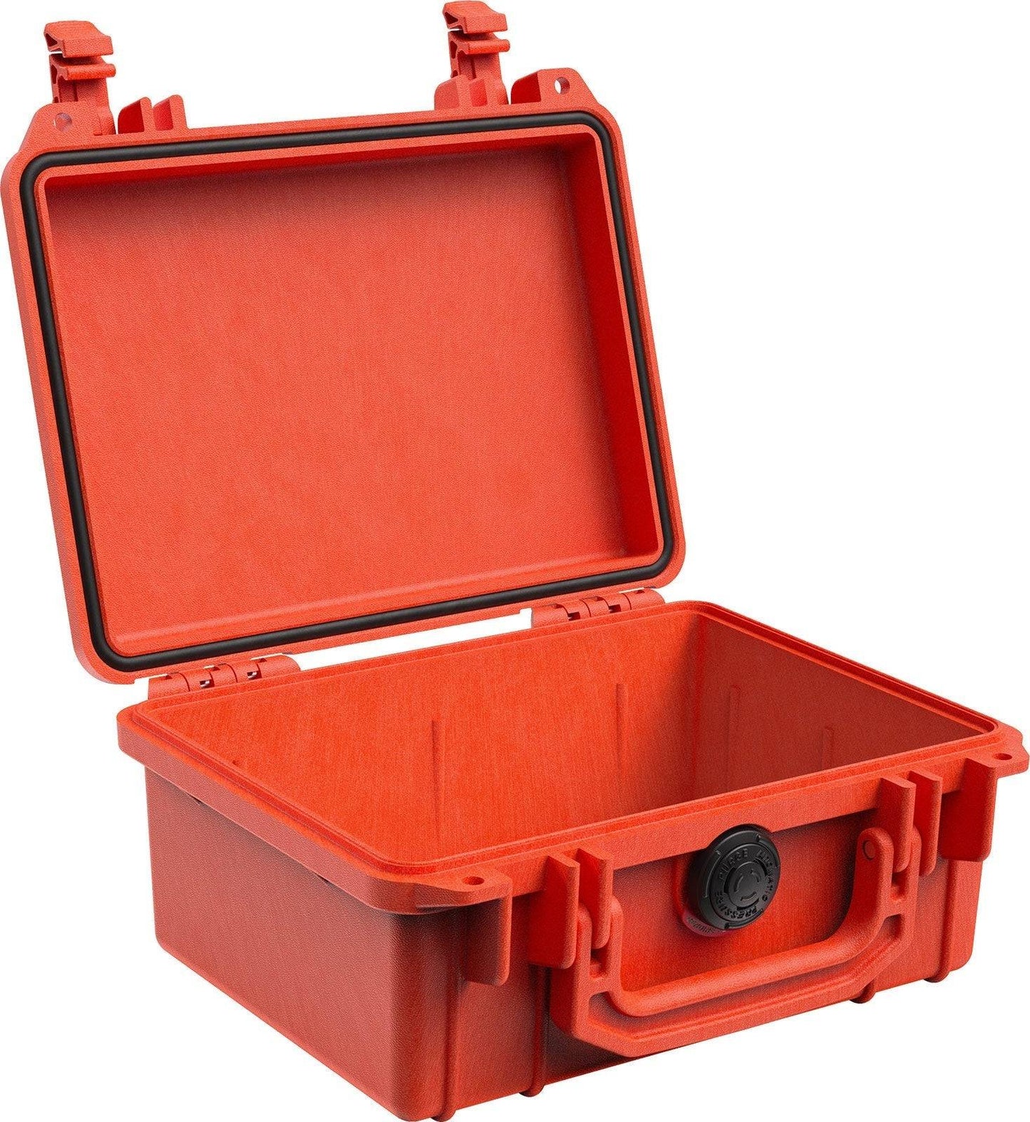 The 1150 Protector Case is a hard-shell, red PELI case with an open, empty interior, handle, and latching lid—perfect for safely storing and protecting your equipment.