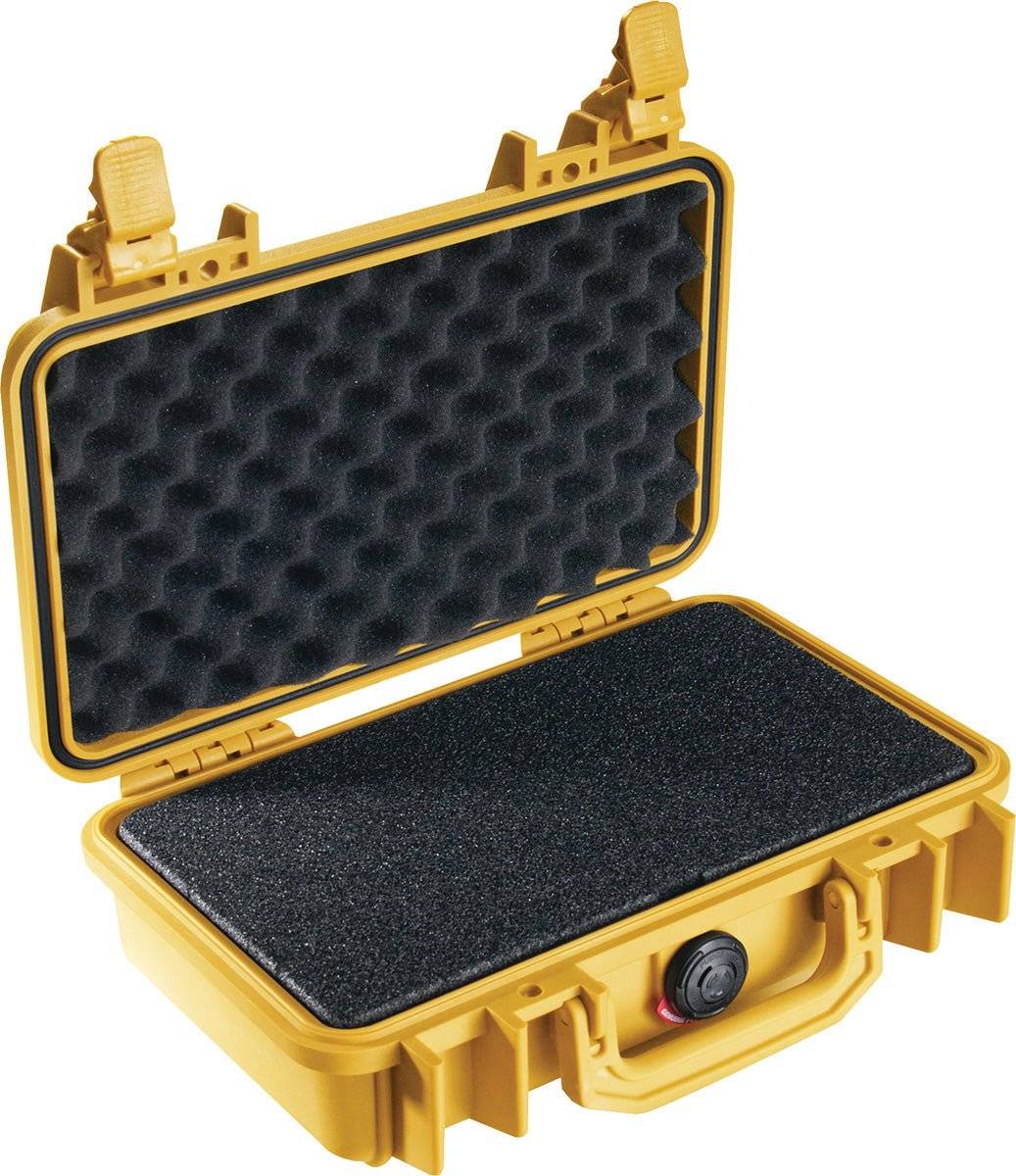 An open yellow 1170 Protector Case reveals black egg-crate foam padding, providing reliable electronics protection in this durable, watertight case.