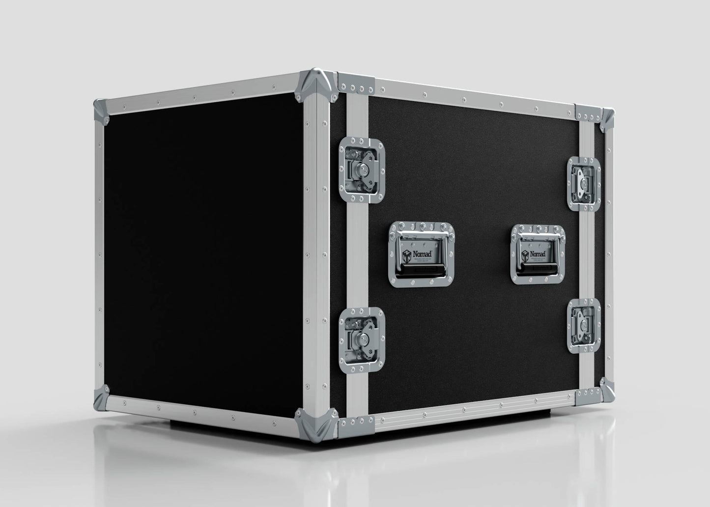 An 11U Foam Shock Mounted 19" Rack Case with a black and silver finish, reinforced corners, and metal handles is displayed on a white background.