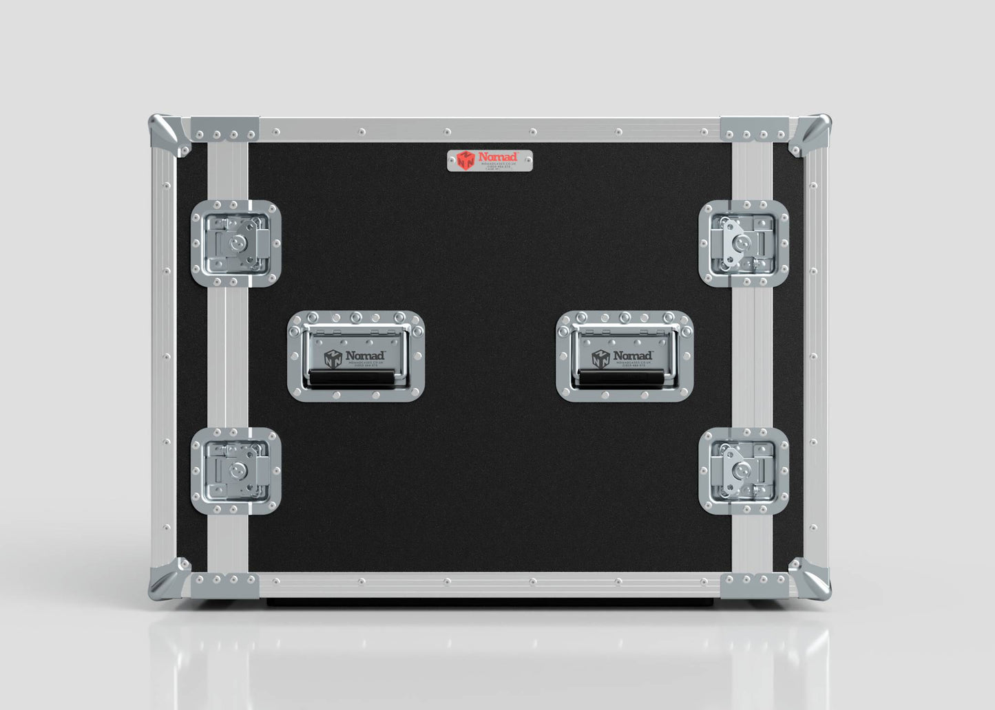 The 11U Foam Shock Mounted 19" Rack Case is a black and silver equipment rack with metal-reinforced corners, latches, "Nomad" branded handles, and a red label at the top center.