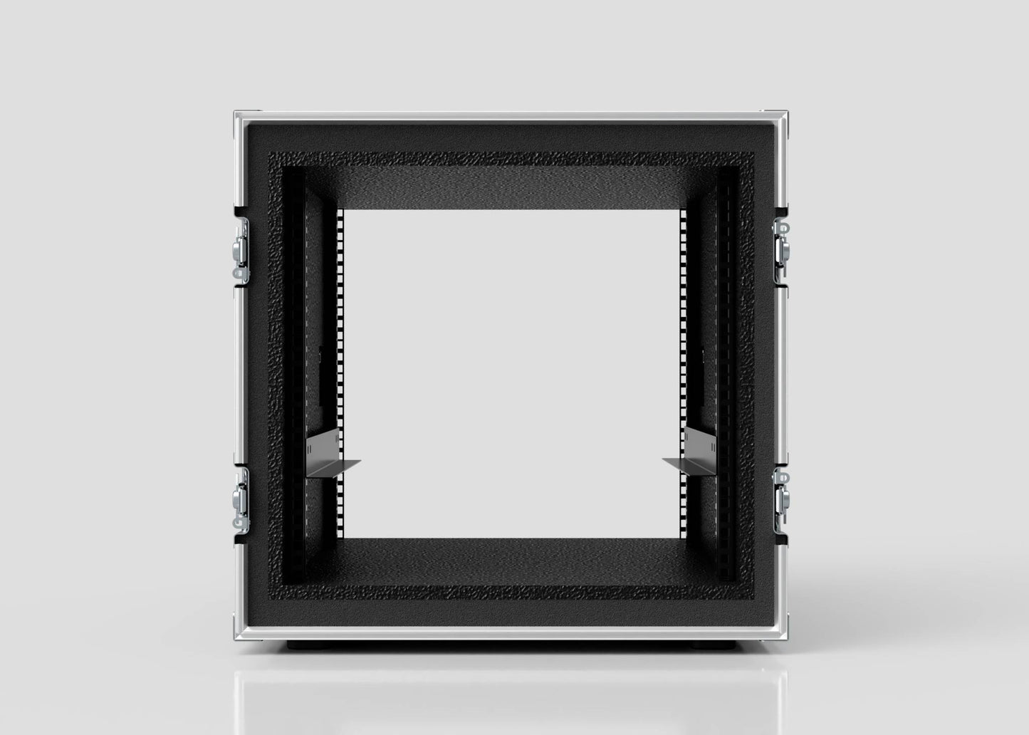 Front view of an empty 11U Foam Shock Mounted 19" Rack Case, black with a metallic frame and side latches, open on a reflective surface against a plain light background.