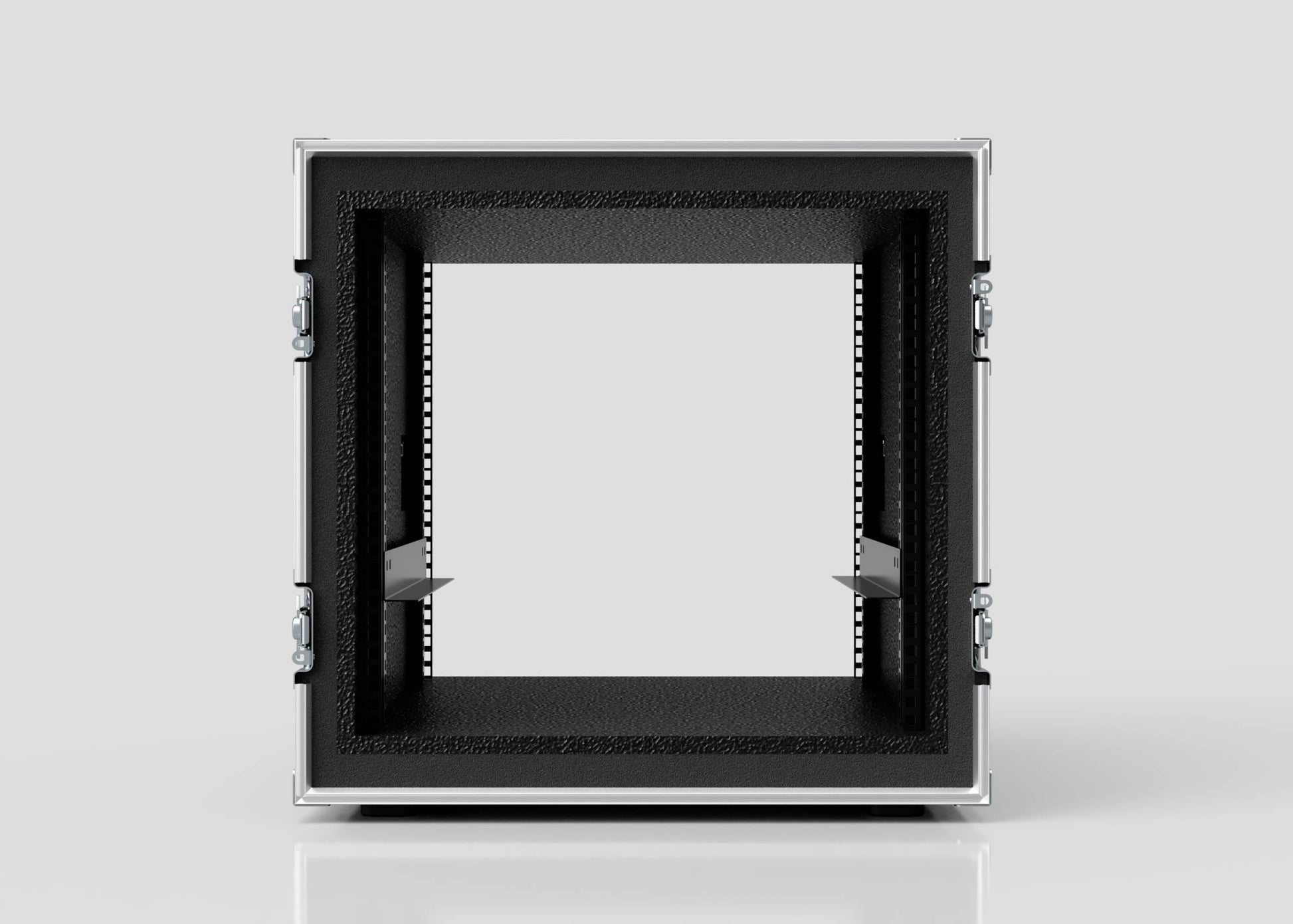Front view of an empty 11U Foam Shock Mounted 19" Rack Case, black with a metallic frame and side latches, open on a reflective surface against a plain light background.