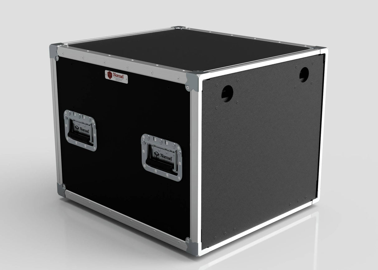 The 11U Slam Rack Case is a black rectangular flight case with silver metal edges, two recessed side handles, and a front label, shown on a plain light background.