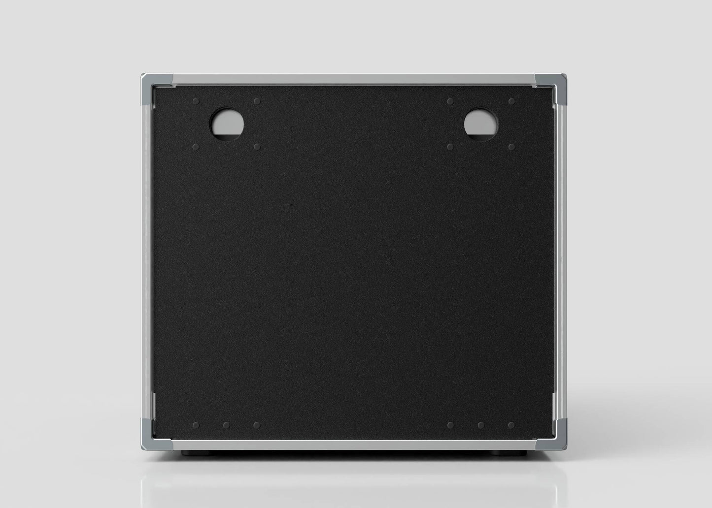 The 11U Slam Rack Case is a rectangular black and silver box with a flat front panel, two round holes near the top, and four small feet at the bottom.