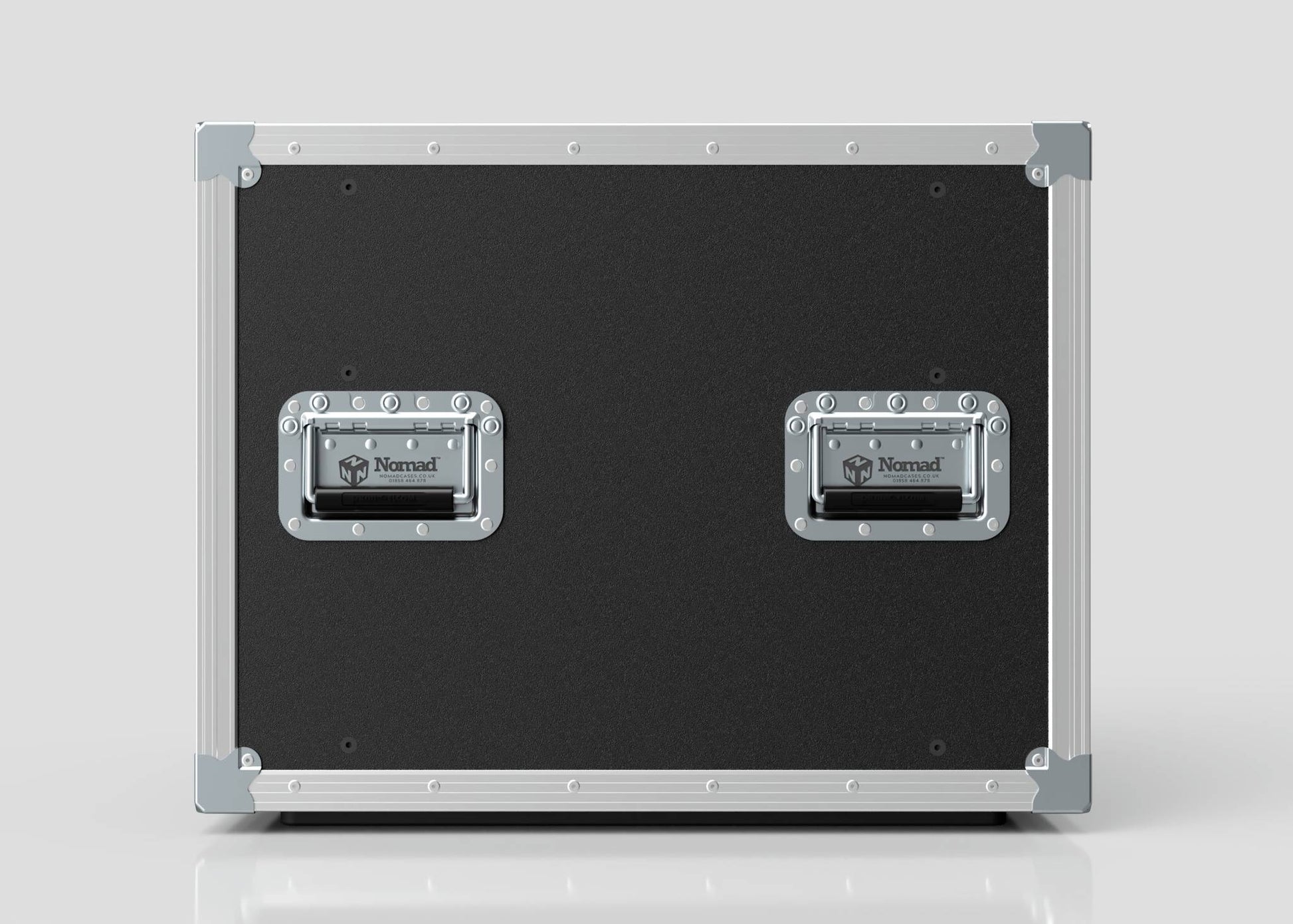 A black and silver 11U Slam Rack Case flight case with metal edges and two recessed handles labeled "Nomad," set against a plain white background.