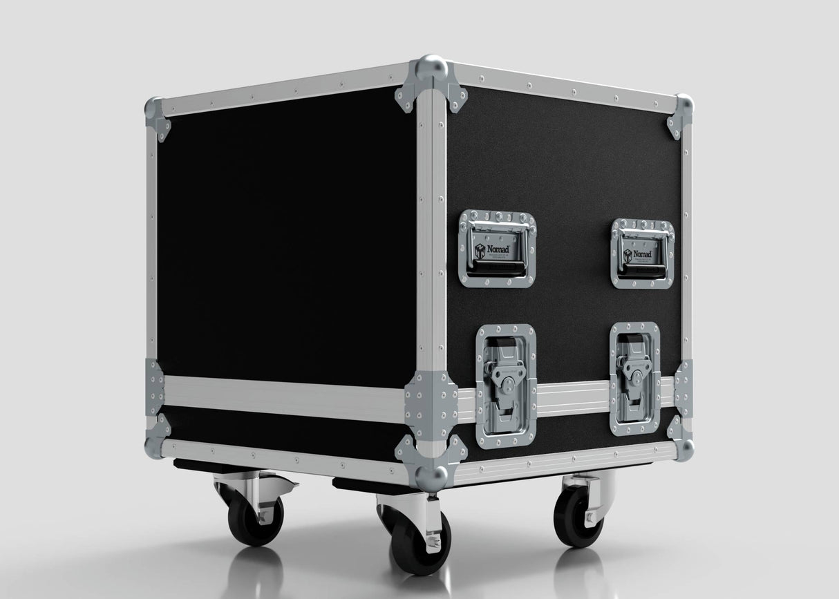 11U Standard Rack Sleeve With Case with lift-off lid in black and silver, featuring reinforced metal edges, latches, and wheels, shown against a plain light gray background.