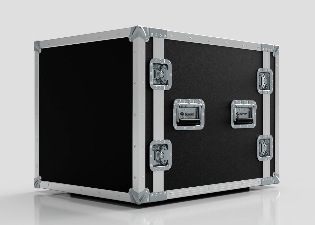 The 11U Suspended Shock Mounted Rack Case, crafted from European Birch plywood with black and silver hard sides, metal corner protectors, and latches, is displayed on a light gray background.