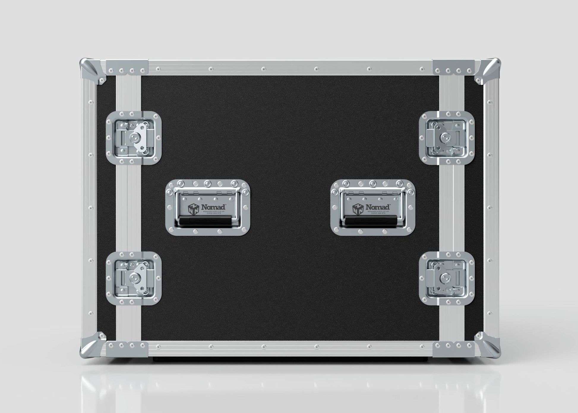 The 11U Suspended Shock Mounted Rack Case in black and silver features metal reinforcements, handles, latches, and a shock-mounted rack for added protection, shown on a light gray background.