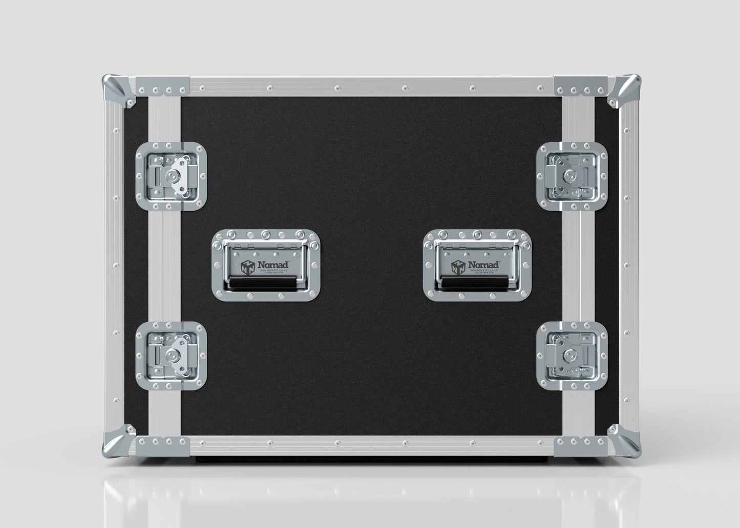 The 11U Suspended Shock Mounted Rack Case in black and silver features metal reinforcements, handles, latches, and a shock-mounted rack for added protection, shown on a light gray background.