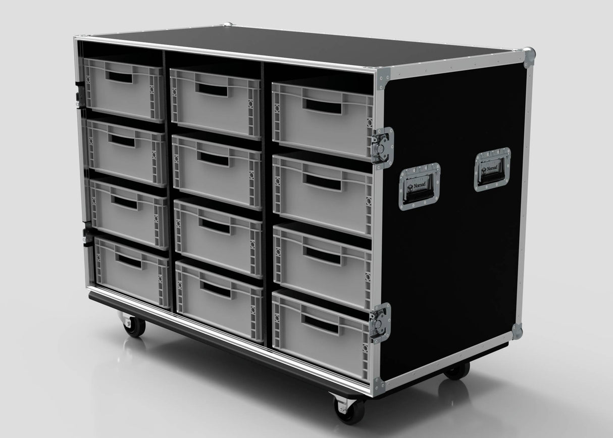 The 12 Way Euro Crate Case is a black rolling storage cabinet with twelve pull-out gray euro crates and metal handles, offering high load capacity for easy transport and organization of various items.