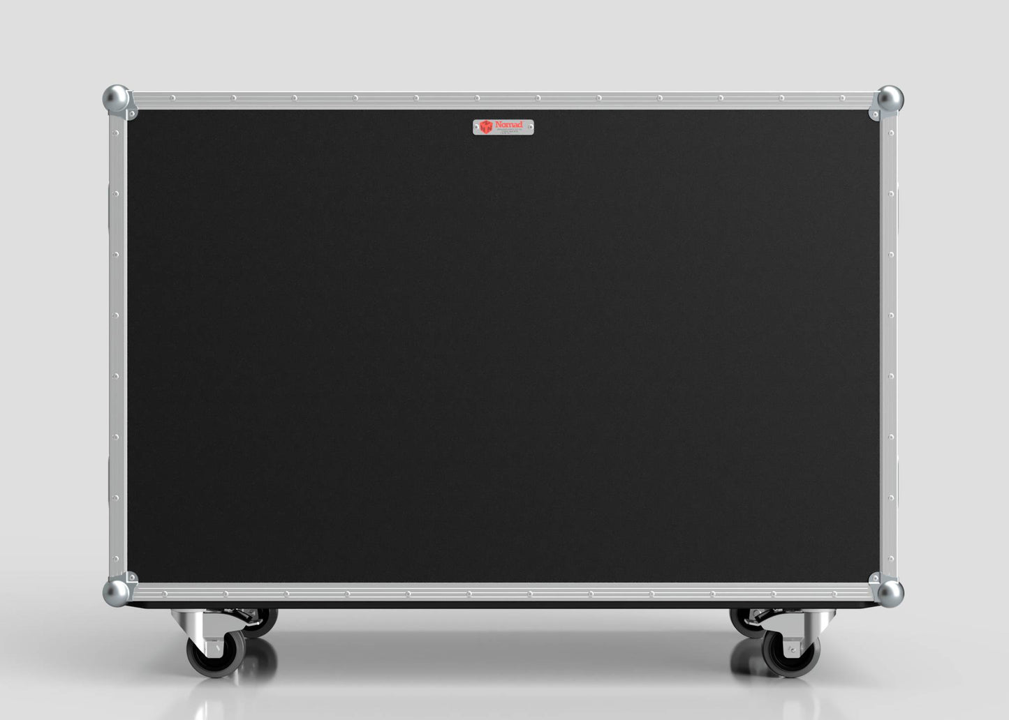 The 12 Way Euro Crate Case, a large black rolling equipment case with silver metal edges and corner protectors designed for high load capacity, is shown against a plain light gray background.