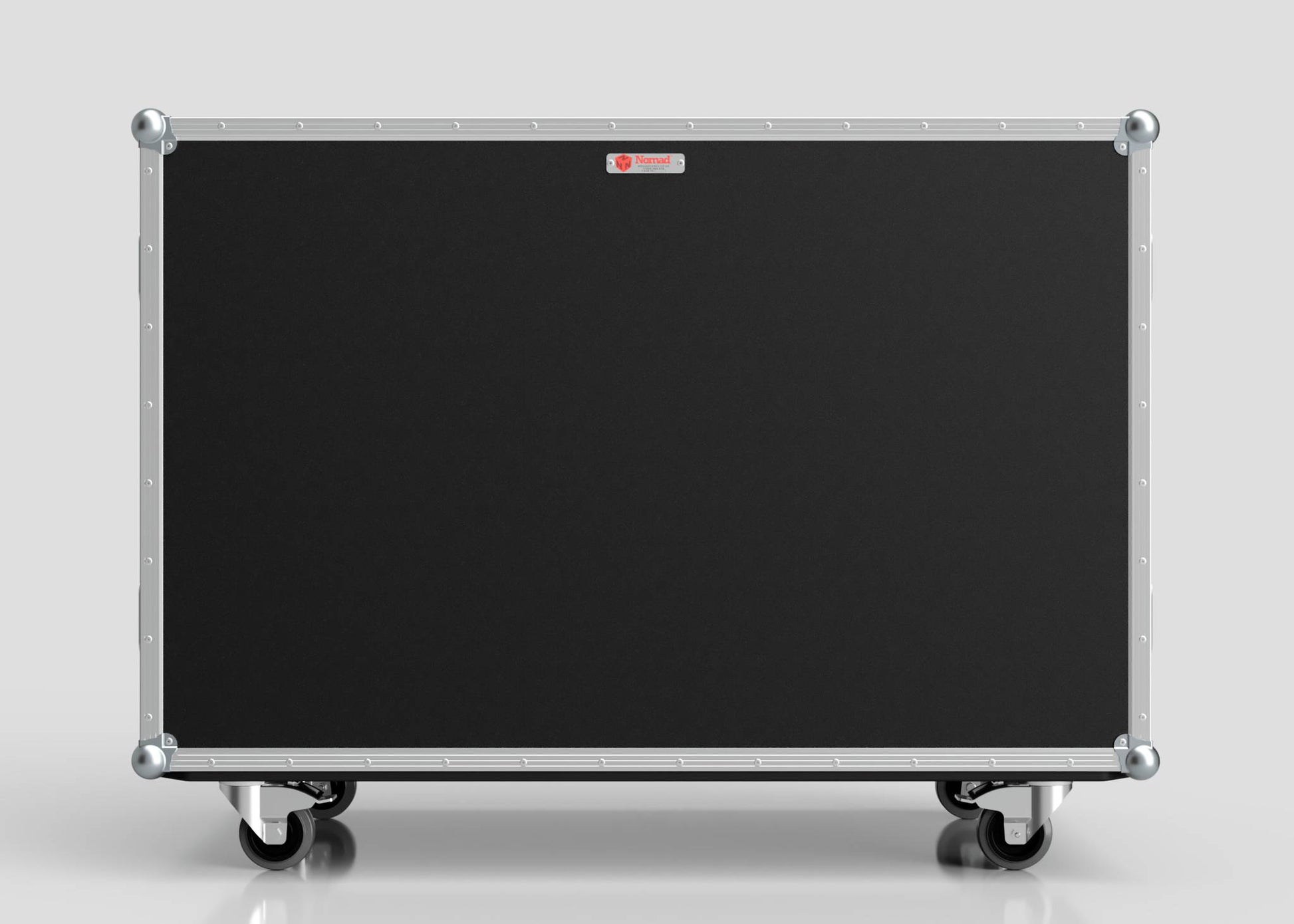 The 12 Way Euro Crate Case, a large black rolling equipment case with silver metal edges and corner protectors designed for high load capacity, is shown against a plain light gray background.