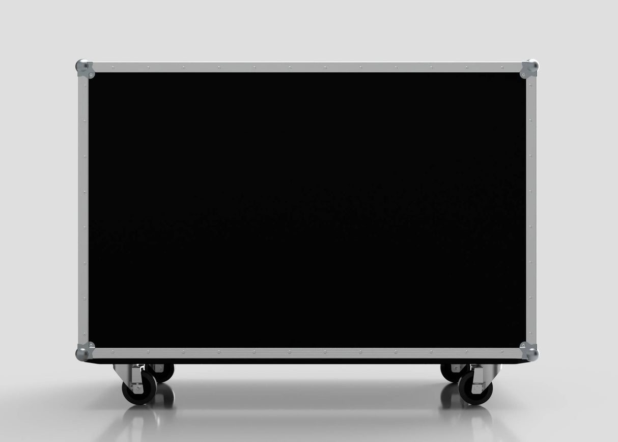 The 12 Way Euro Crate Case is a large black rectangular equipment case with metal edges and high load capacity, featuring four caster wheels, set against a plain light gray background.