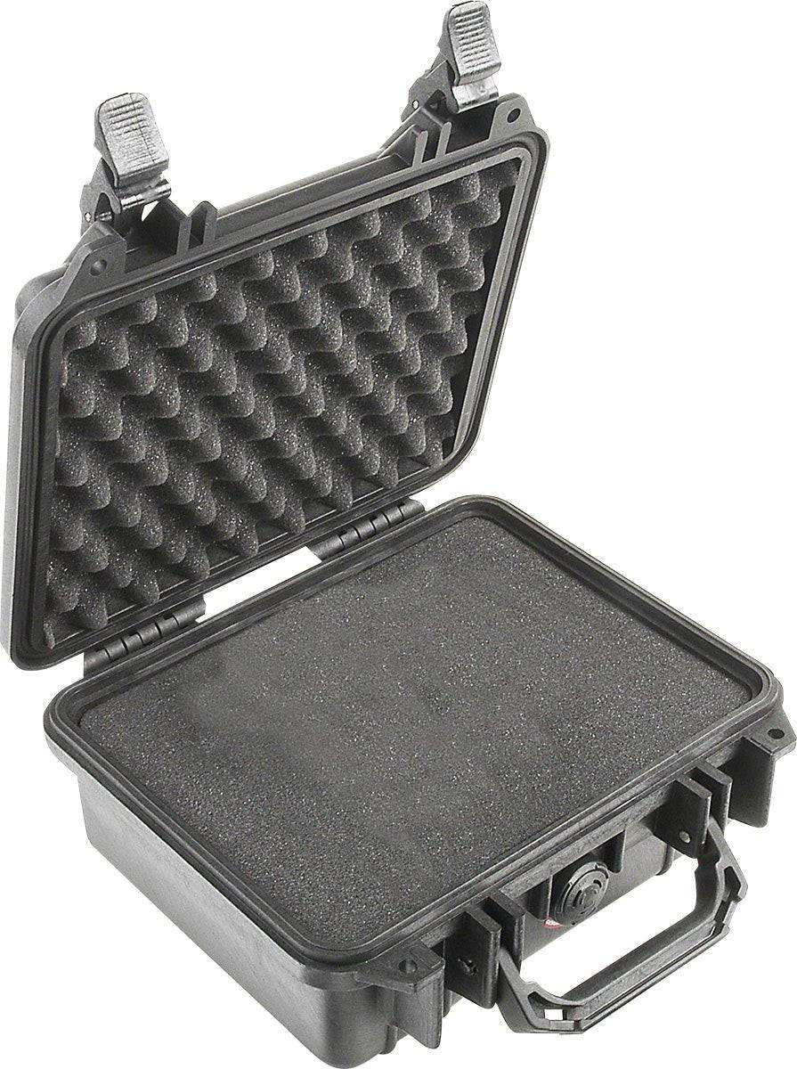 The 1200 Protector Case, shown open, features a black hard shell with foam padding inside, visible latches, and a carrying handle.
