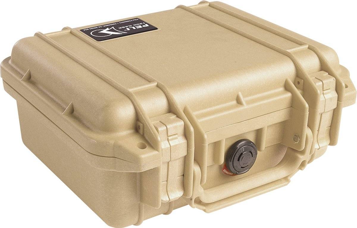 Tan hard plastic 1200 Protector Case with secure latches and a pressure equalization valve, shown closed and viewed from an angle.