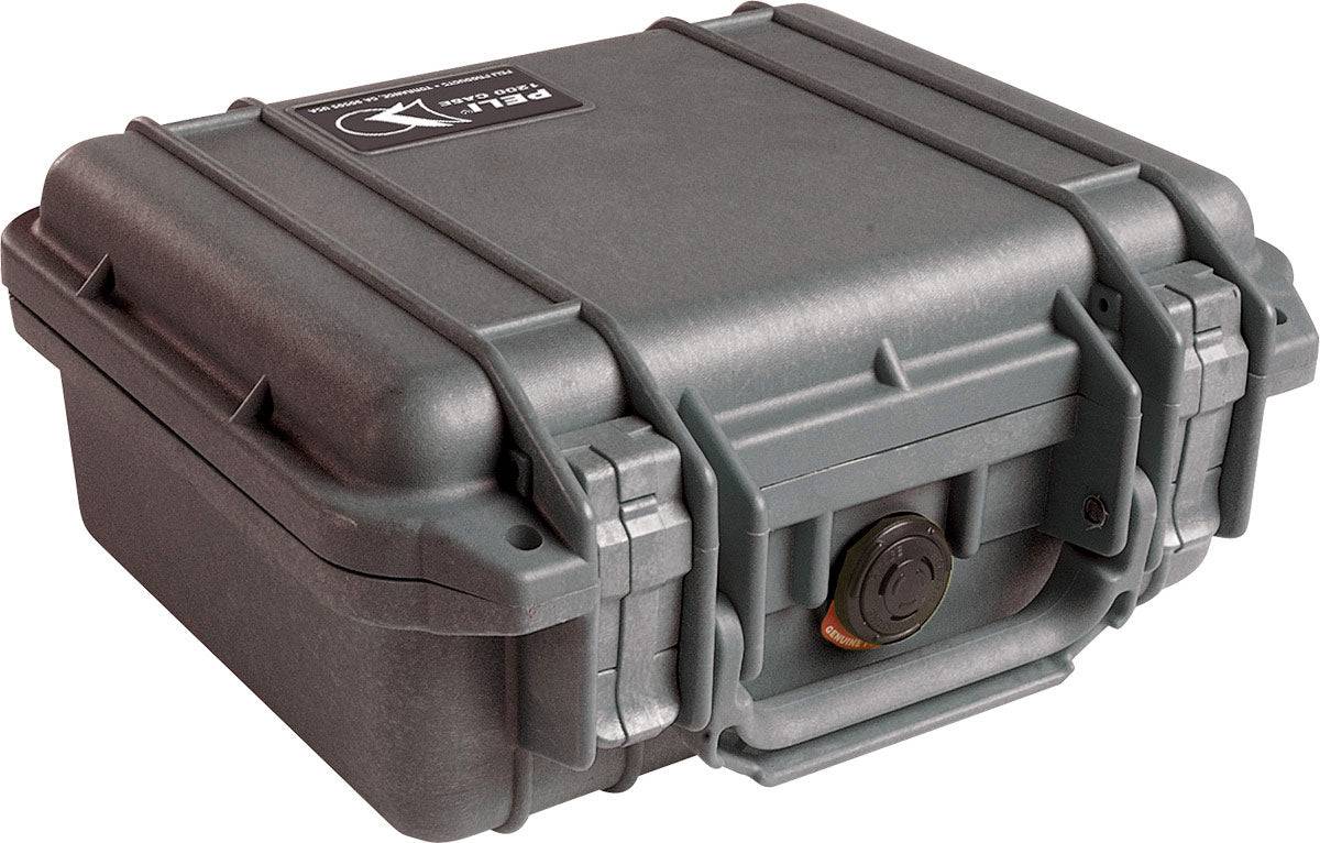 The 1200 Protector Case is a closed, hard-shell black PELI case with reinforced edges, secure latches, and a built-in handle, designed for protective storage and transport.