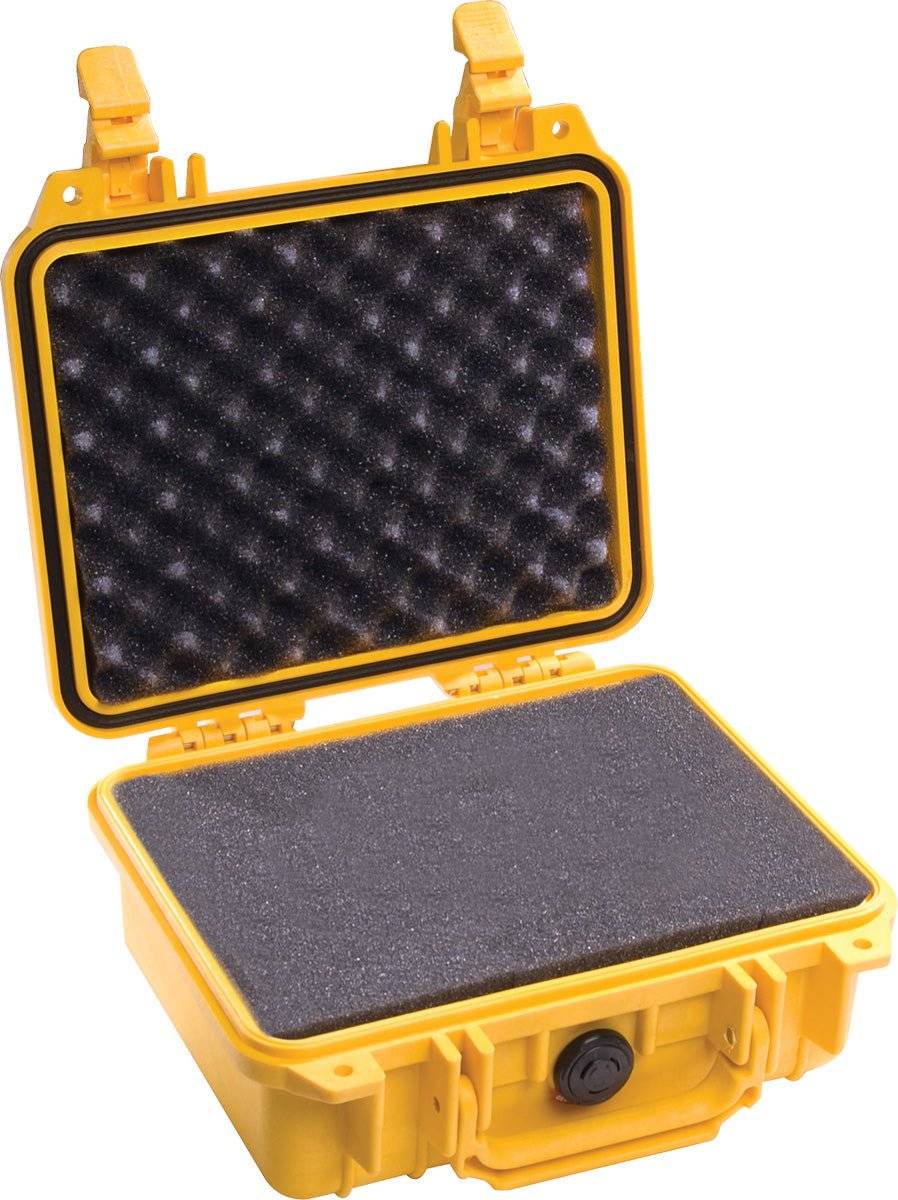 The 1200 Protector Case is a yellow hard plastic PELI case with foam padding, shown open with the lid raised and two top latches—ideal as a durable protective case.