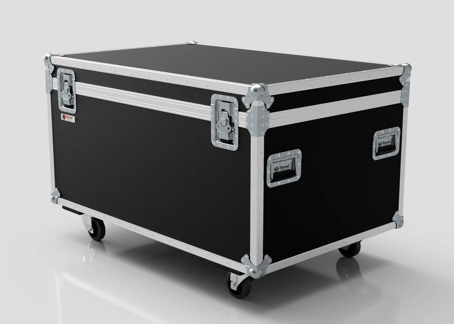 The 1200mm Jumbo Trunk Case, a large black equipment case with silver metal reinforcements, handles, and caster wheels (external dimensions 1225 x 807 x 765 mm), sits against a plain light background.