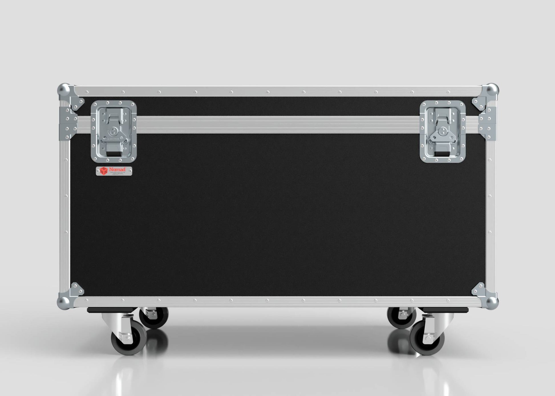 The 1200mm Jumbo Trunk Case, in black and silver with metal corners, latches, and four wheels, measures 1225 x 807 x 765 mm and is shown against a plain light gray background.