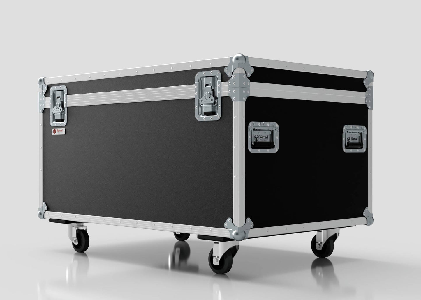 The 1200mm Jumbo Trunk Case is a large black and silver flight case with metal reinforcements, handles, and four caster wheels, measuring 1225 x 807 x 765 mm, shown against a plain white background.