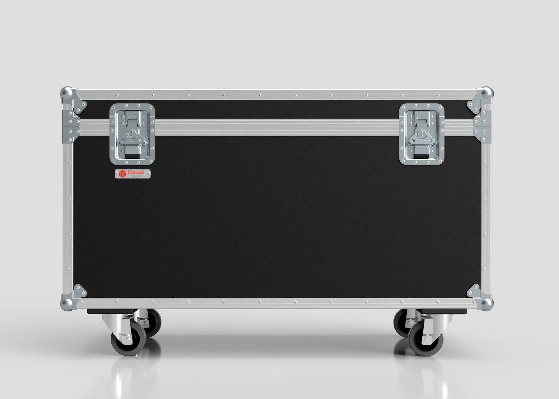 The 1200mm Trunk Case is a large, black storage unit with metal edges, corner reinforcements, two latches, and four caster wheels. External dimensions: 1225 x 607 x 765 mm. Shown against a plain background.