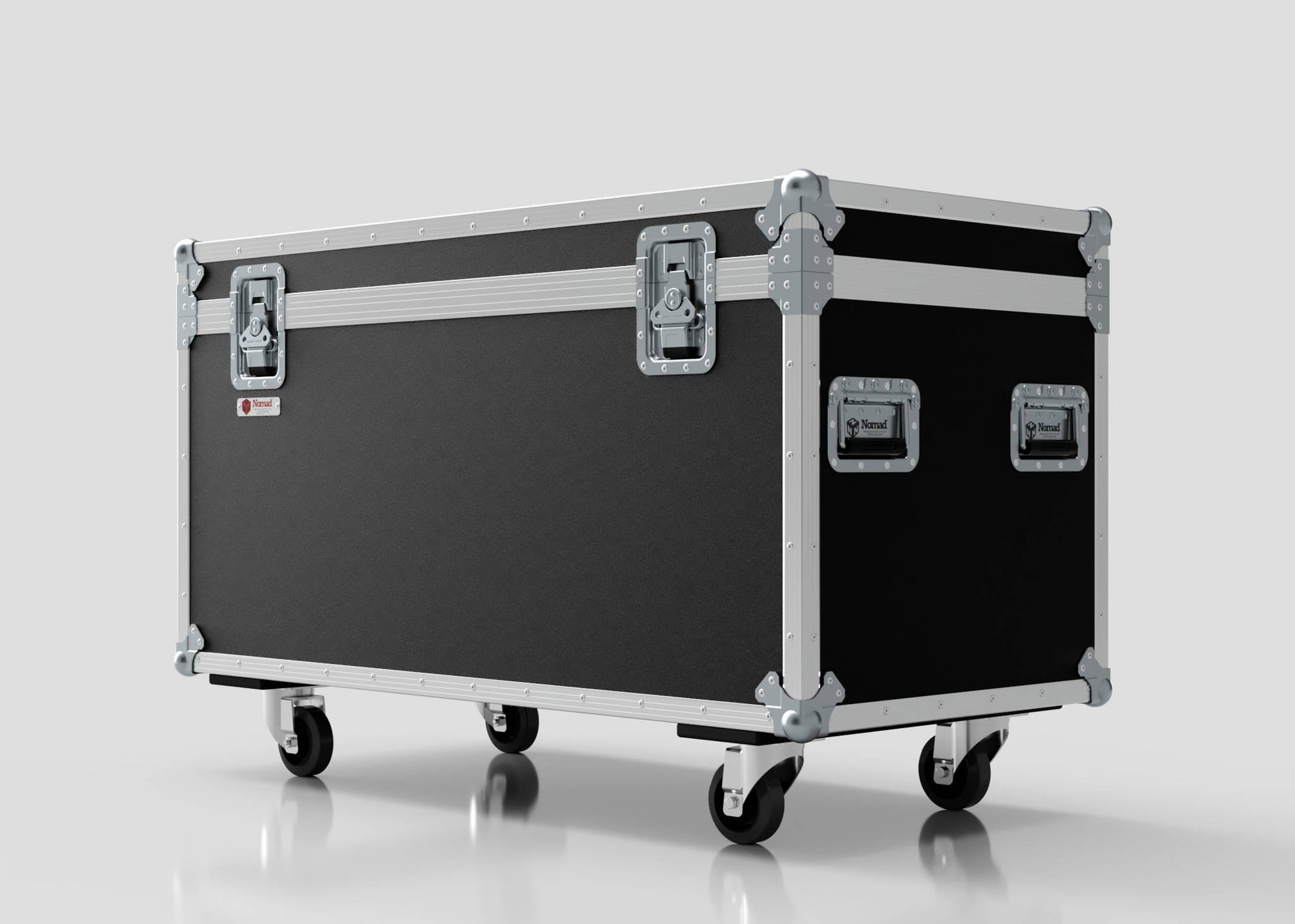 The 1200mm Trunk Case, in black and silver with metal reinforcements and handles, is shown against a plain white background. External dimensions: 1225 x 607 x 765 mm.