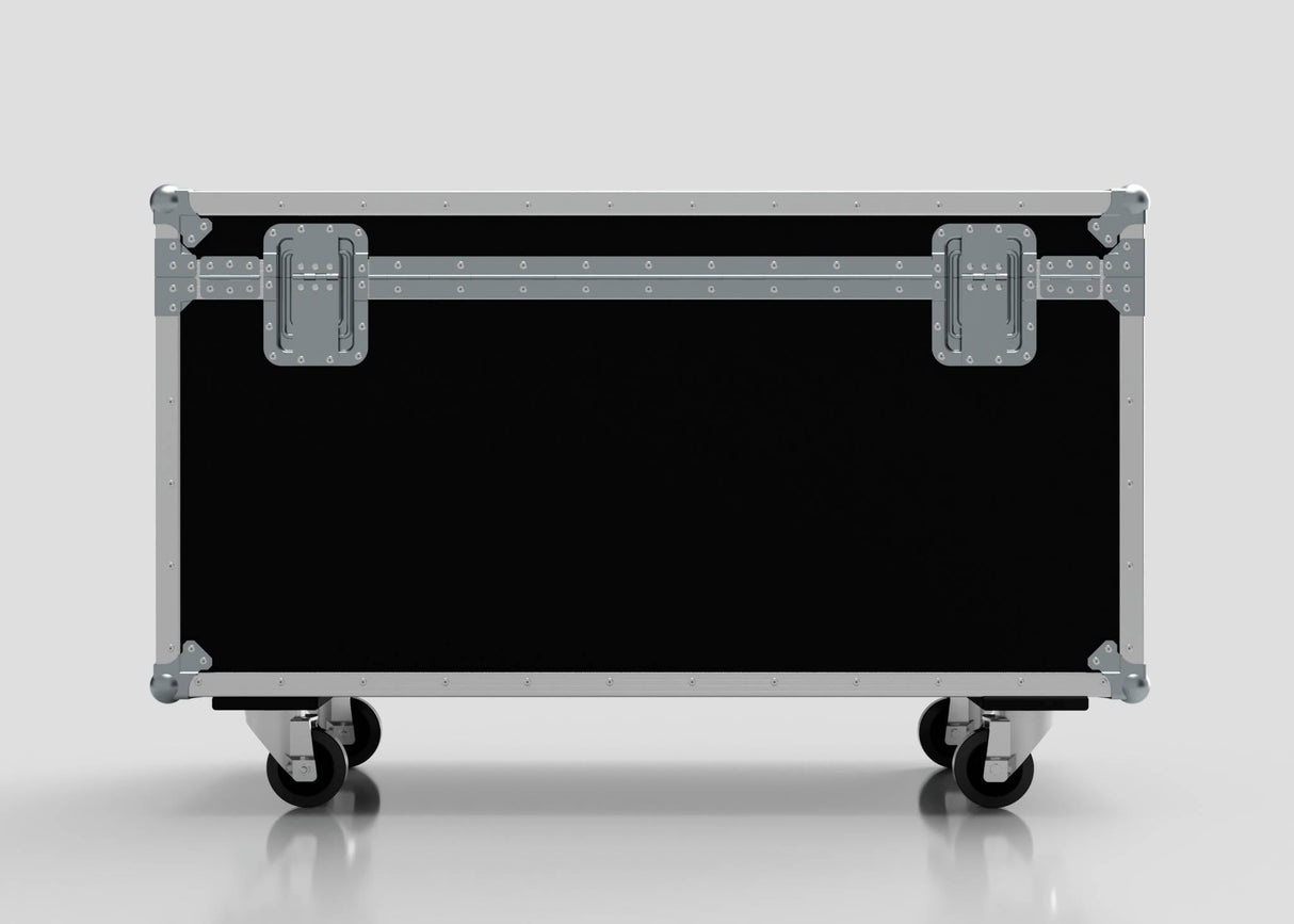 The 1200mm Trunk Case is a large black equipment case with metal edges, latches, and four caster wheels, shown on a reflective surface. Its external dimensions are 1225 x 607 x 765 mm.