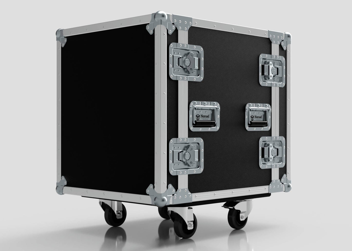 The 12U Foam Shock Mounted 19" Rack Case is a black European birch plywood road case with metal reinforcements, latches, and handles on all sides, caster wheels, and rack strips for secure equipment mounting, shown against a plain background.