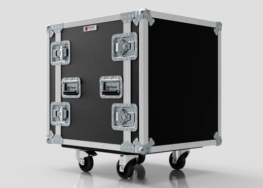 The 12U Foam Shock Mounted 19" Rack Case features reinforced metal edges, European birch plywood construction, and caster wheels, providing secure transport and protection for your equipment.