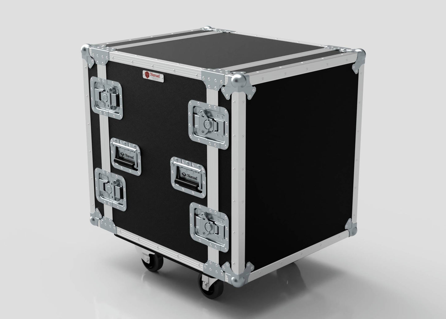 The 12U Foam Shock Mounted 19" Rack Case is a black and silver equipment case made from European birch plywood with metal reinforcements, rack strips, handles, latches, and caster wheels, shown against a plain background.