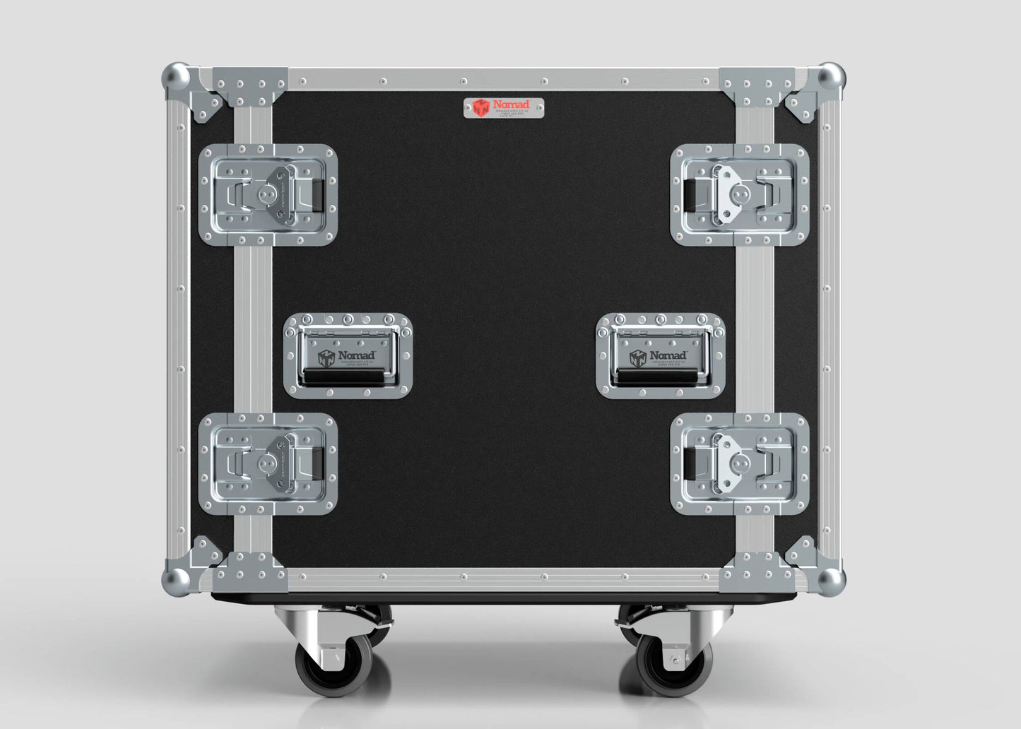 The 12U Suspended Shock Mounted Rack Case is a black and silver hard case with metal reinforcements, four latches, wheels, and a shock mounted rack for secure equipment transport.