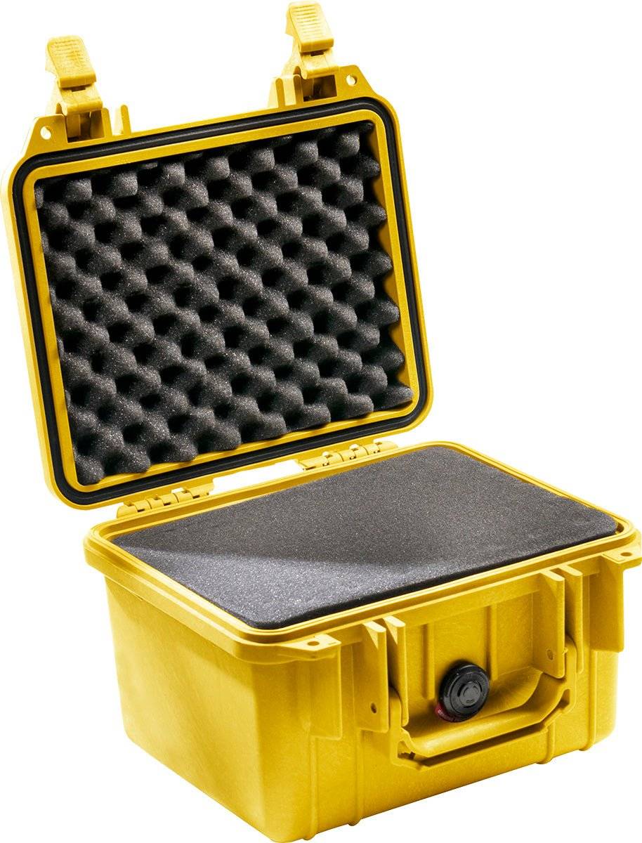 A yellow 1300 Protector Case features a hard plastic exterior and an open lid showing foam padding inside; this crushproof case delivers maximum protection for your valuables.