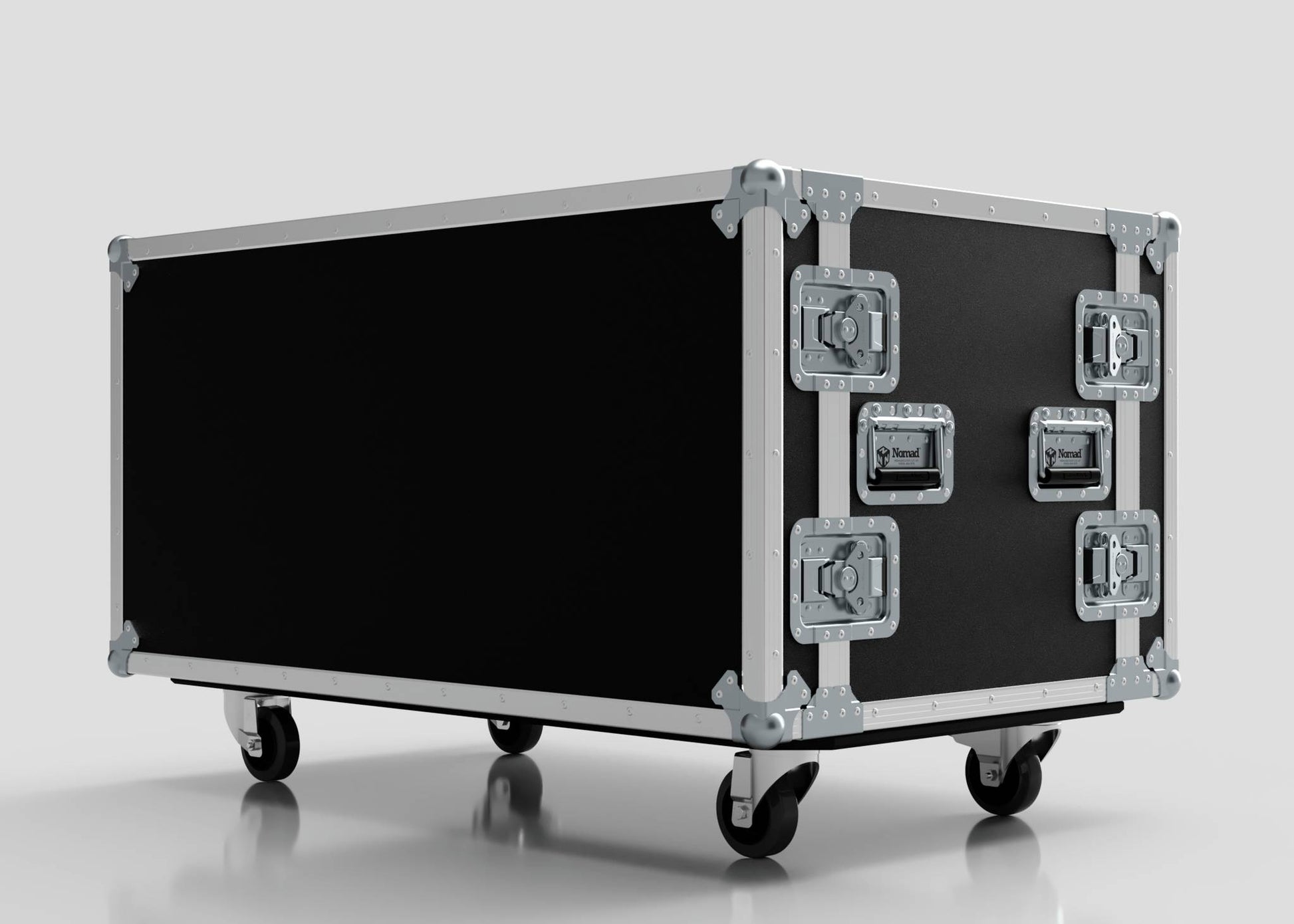 The 13U Double Bay Rack Case is a large black road case with four caster wheels, metal reinforced corners, and heavy-duty handles on one side, shown against a plain light background.