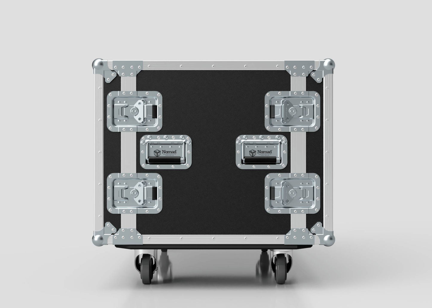 The 13U Double Bay Rack Case, featuring a large black and silver design with metal reinforcements, four latches, and caster wheels, stands against a plain light background.