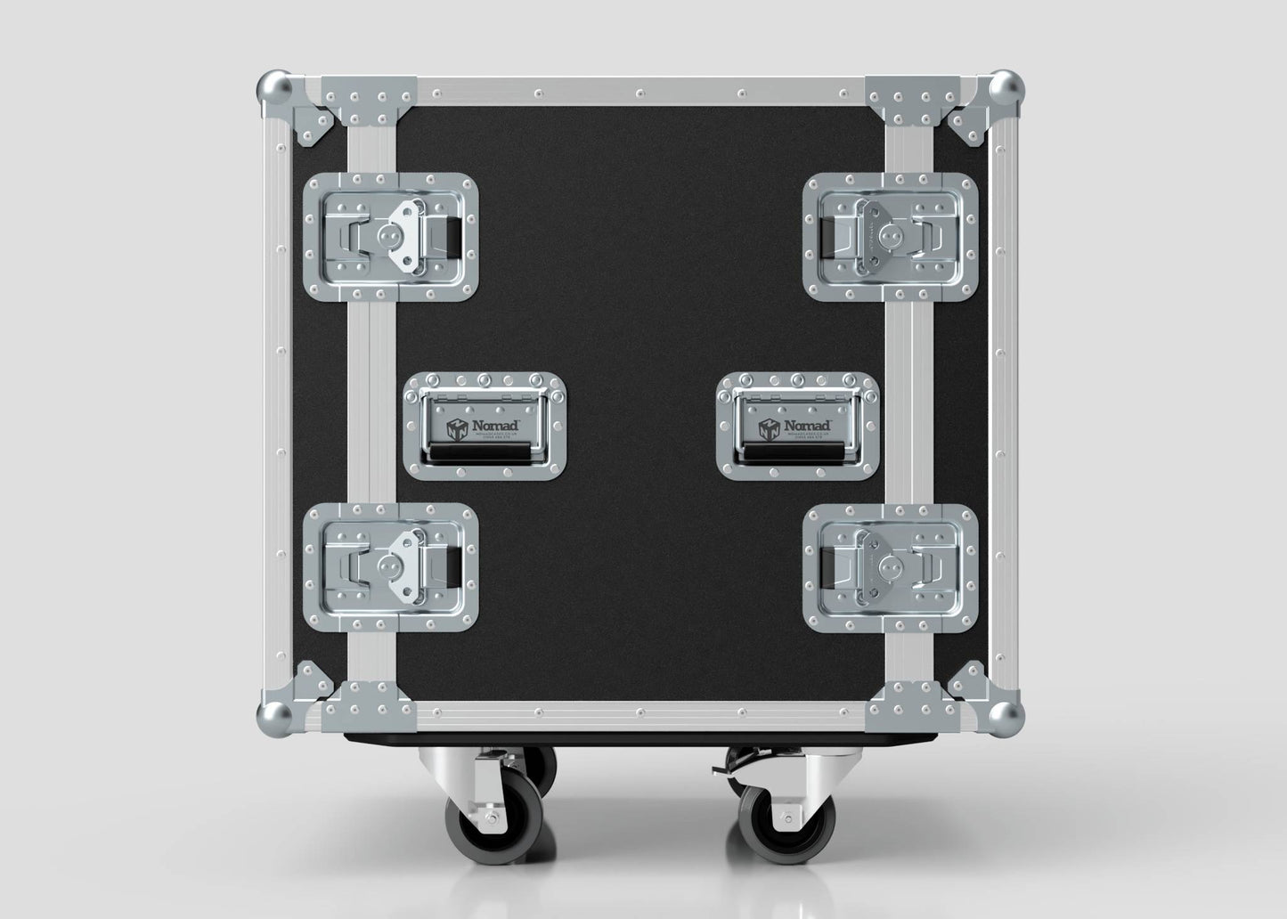 The 13U Foam Shock Mounted 19" Rack Case, in black and silver European birch plywood with four metal handles and corner brackets, securely protects your equipment, shown against a plain light gray background.