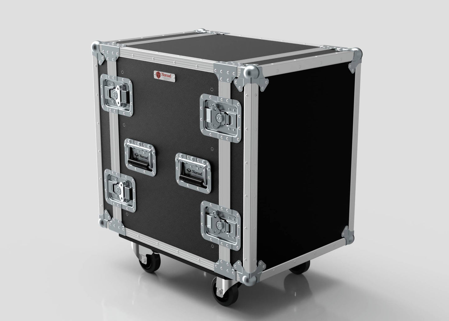 The 13U Standard Rack Case, featuring black and silver design, metal reinforcements, handles, and wheels for easy mobility, is displayed on a plain background—perfect for secure transport of your equipment.