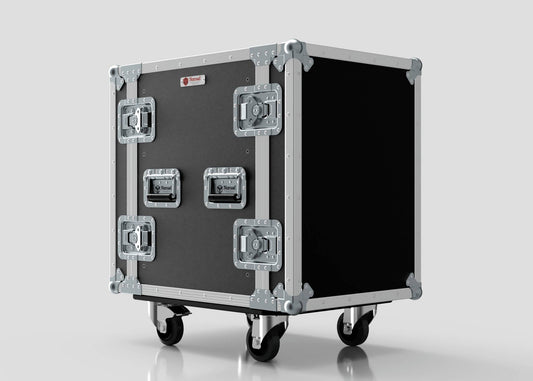 The 13U Standard Rack Case, featuring a black and silver finish, metal reinforced corners, four recessed handles, and caster wheels, is displayed against a plain light gray background.