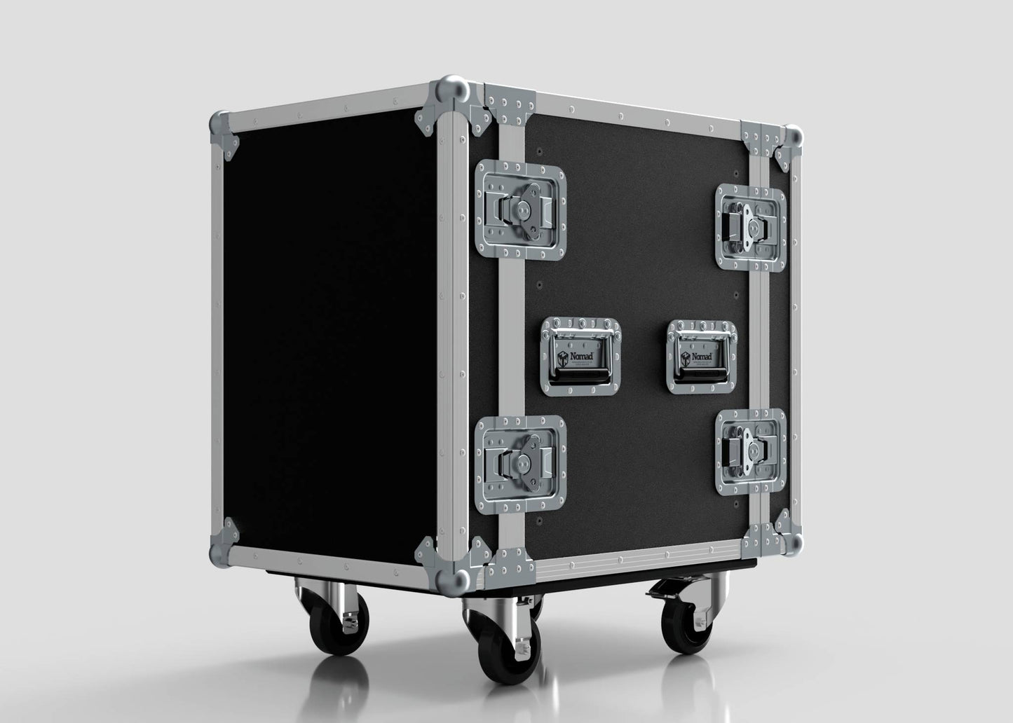 The 13U Standard Rack Case, featuring a black finish, metal edges, handles, and latches, is shown on four caster wheels against a plain light background—perfect for secure equipment transport.